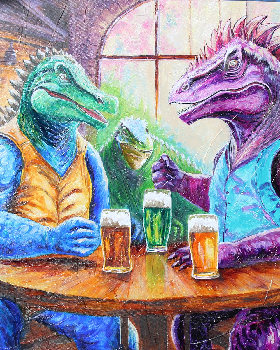 Painting of three lizards drinking