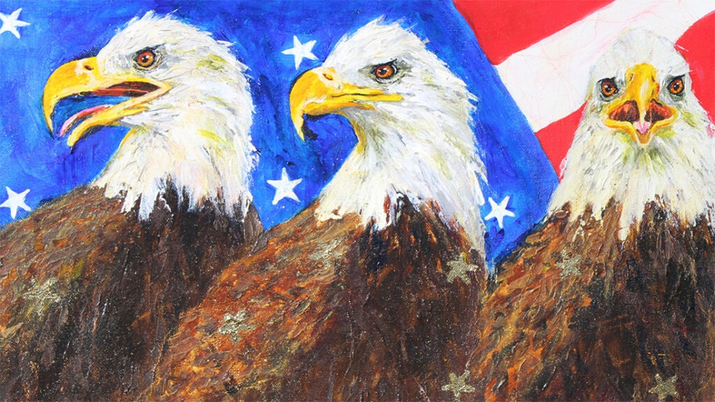 Painting of three eagles with USA flag